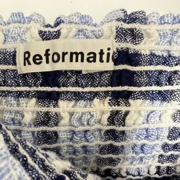 Reformation S Marabella 100% Linen Midi Dress Puff Sleeve Gingham Blue Plaid 4 6 - Picture 7 of 9